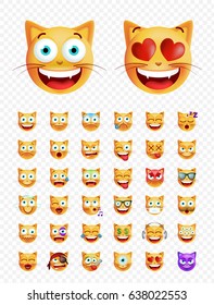 Set of Cute Emoticon Cat on Transparent Background. Isolated Vector Illustration 
