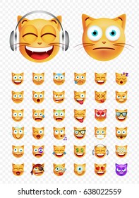Set of Cute Emoticon Cat on Transparent Background. Isolated Vector Illustration 