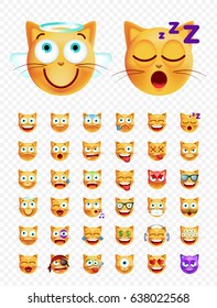 Set of Cute Emoticon Cat on Transparent Background. Isolated Vector Illustration 