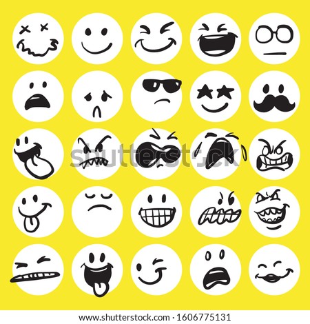 Set of cute emoticon hand drawn with yellow background vector