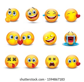 Set of cute emoticons, emoji - isolated vector illustrations