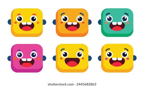 Set of Cute emoticons in form of square isolated flat vector pro collection illustration on white background.