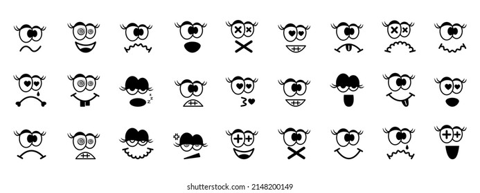 Set of cute emoticons, icons. Emotion design with big eyes and eyelashes. Funny, sad, sleepy, loving symbols. Faces for social networks, emotional messages. Emojis for holidays, business. Vector.