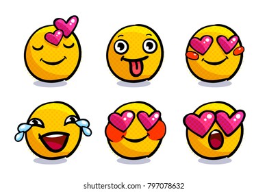 Set of cute emoticons in love. Set of valentine Emoji. Smile icons on white background. Vector illustration.