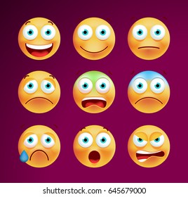 Set of Cute Emoticons on Black Background. Isolated Vector Illustration 
