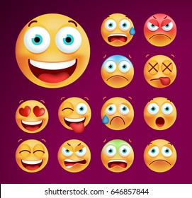 Set of Cute Emoticons on Black Background. Isolated Vector Illustration 