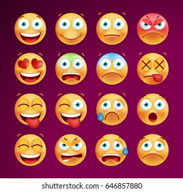 Set of Cute Emoticons on Black Background. Isolated Vector Illustration 