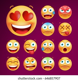 Set of Cute Emoticons on Black Background. Isolated Vector Illustration 