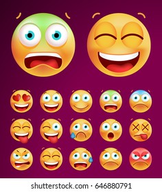 Set of Cute Emoticons on Black Background. Isolated Vector Illustration 