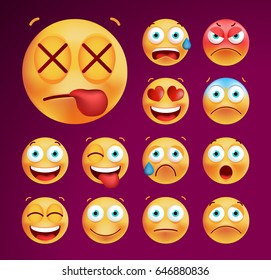 Set of Cute Emoticons on Black Background. Isolated Vector Illustration 