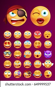 Set of Cute Emoticons on Black Background . Isolated Vector Illustration 