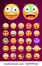 Set of Cute Emoticons on Black Background . Isolated Vector Illustration 
