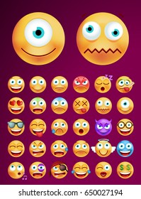 Set of Cute Emoticons on Black Background . Isolated Vector Illustration 