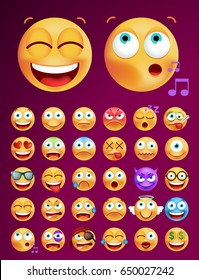 Set of Cute Emoticons on Black Background . Isolated Vector Illustration 