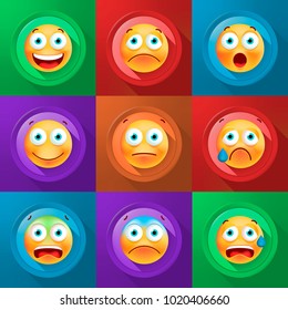 Set of Cute Emoticons on Color Button on Color Background . Isolated Vector Illustration 