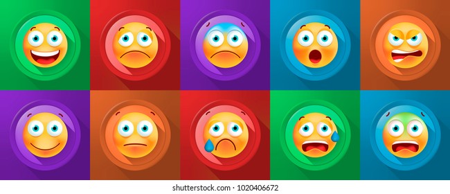 Set of Cute Emoticons on Color Button on Color Background . Isolated Vector Illustration 