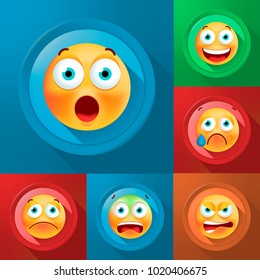 Set of Cute Emoticons on Color Button on Color Background . Isolated Vector Illustration 