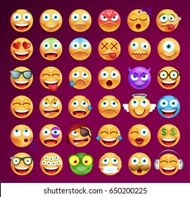 Set of Cute Emoticons on Dark Background. Isolated Vector Illustration 