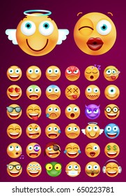 Set of Cute Emoticons on Dark Background. Isolated Vector Illustration 