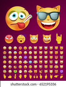 Set of Cute Emoticons on Dark Background. Isolated Vector Illustration