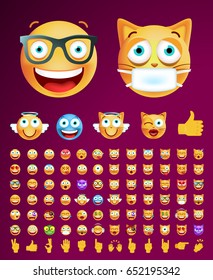 Set of Cute Emoticons on Dark Background. Isolated Vector Illustration