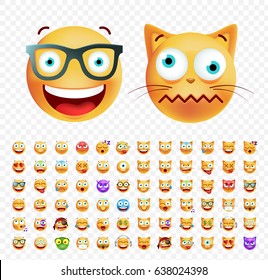 Set of Cute Emoticons on Transparent Background. Isolated Vector Illustration
