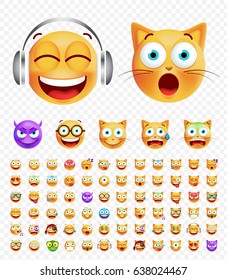 Set of Cute Emoticons on Transparent Background. Isolated Vector Illustration