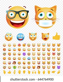 Set of Cute Emoticons on Transparent Background. Isolated Vector Illustration