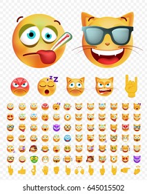 Set of Cute Emoticons on Transparent Background. Isolated Vector Illustration