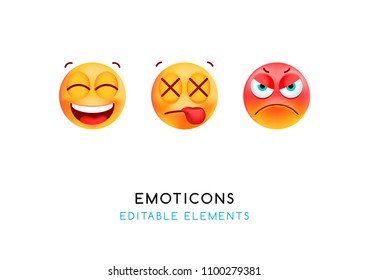 Set of Cute Emoticons on White Background . Isolated Vector Illustration 