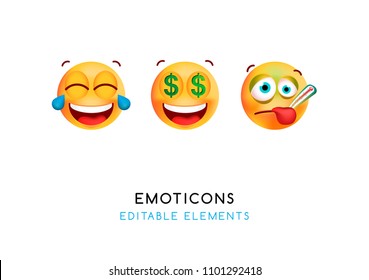 Set of Cute Emoticons on White Background . Isolated Vector Illustration 