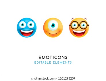 Set of Cute Emoticons on White Background . Isolated Vector Illustration 