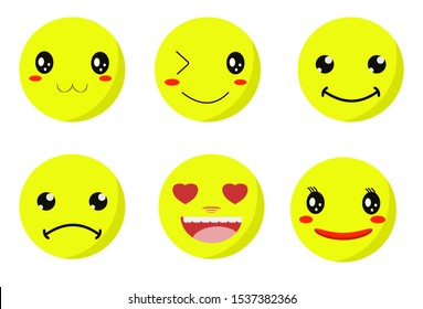 Set of Cute Emoticons on White Background. Isolated Vector Illustration.kawaii emotion