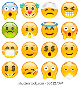 Set of Cute Emoticons. Sixteen Smile icon. Yellow Emojis. Scared, Clown, Damaged, Winking, Angry, Saint, Ashamed, Liar, Happy, Sick, Smoking. Isolated Illustration on White Background