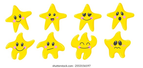 Set of cute with emotion happiness, love, apathy, thoughtfulness little star characters children's illustration. Cute stars set.