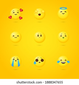 Set of cute emotional cartoon faces. Faces with in love, laughing, sad, crying and nauseous expressions. Yellow icons on yellow background