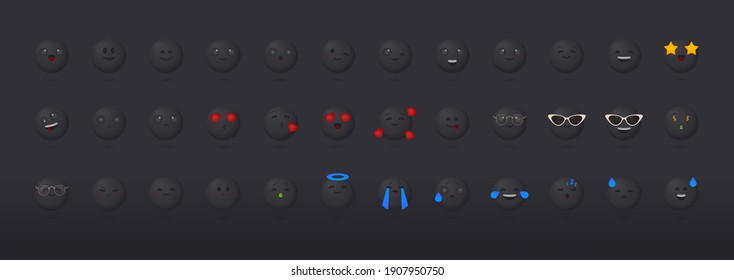 Set of cute emotional cartoon faces. Faces with different expressions. Black icons on black background