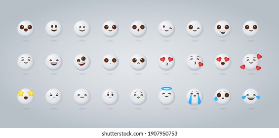 Set of cute emotional cartoon faces. Faces with different expressions. Gray icons on gray background