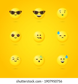 Set of cute emotional cartoon faces. Faces with cool, tired, sleepy expressions, faces with glasses and money in their eyes. Yellow icons on yellow background