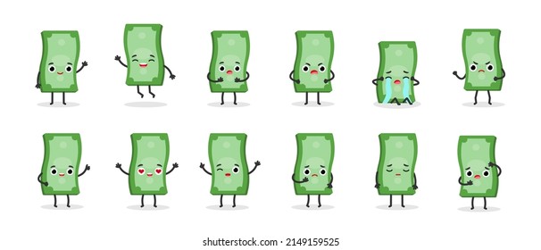 Set cute emotional cash money characters. Vector cartoon illustration.