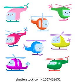 Set of cute emotional colorful helicopters in different mood for kids, vector illustration