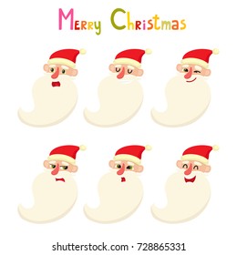 Set of cute emotional Santa Claus, upset, angry surprise, smile, cartoon vector illustration isolated on white background. Old man emoji face.
