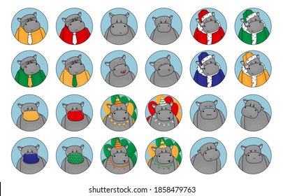 Set of cute emotions and situations of hippo. Happy, sad, angry, in love, female with lipstick, Santa hippopotamus, Happy Birthday, office clerk in shirt and tie, in mask, depression crying animal