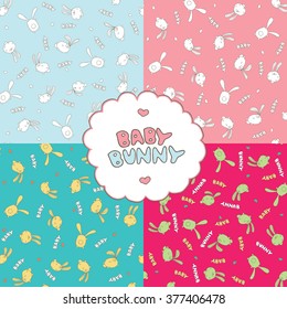 Set of cute endless seamless patterns with baby bunnies. Vector illustration
