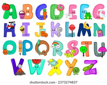 Set of cute English alphabet letters with cute animals, fruits, vegetables and objects on white background.
