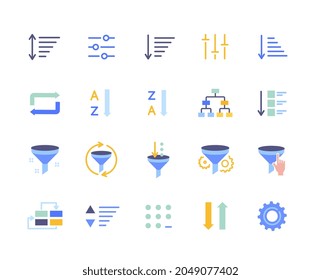 Set of cute essential colorful sorting and filtering elements on white background. Template of data processing, digital management and other useful icons for business. Flat cartoon vector illustration