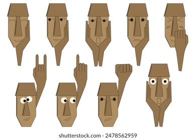 Set of cute Ethnic Emoji symbols isolated white. Mayan idols style emoticon face collection. Geometrical emotion icons pack. Simple naive vector illustration. Editable stroke. EPS 10