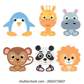 Set of cute exotic animal: penguin, hippo, giraffe, monkey, lion, panda. Baby animal vector illustration. Cartoon characters.