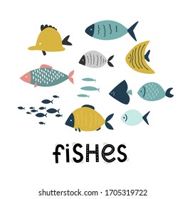 set cute exotic fish  sea ocean  cartoon lettering vector illustration