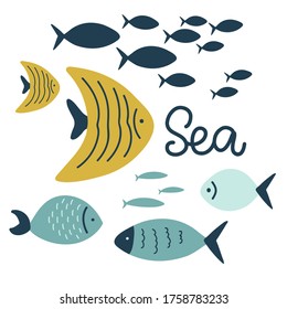 set of cute exotic fish, sea ocean, cartoon lettering vector illustration 